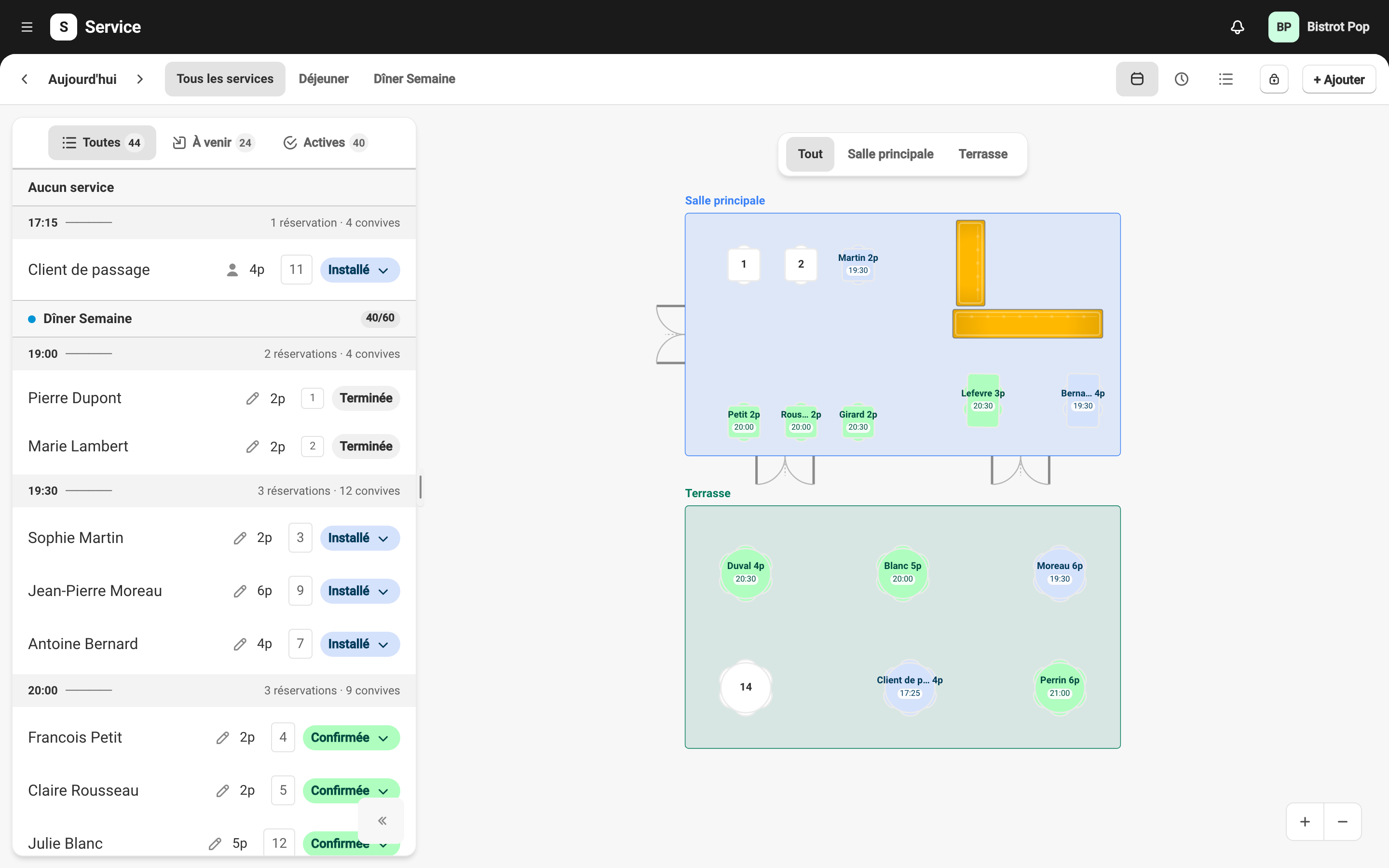 Plan de salle avec tables et sections